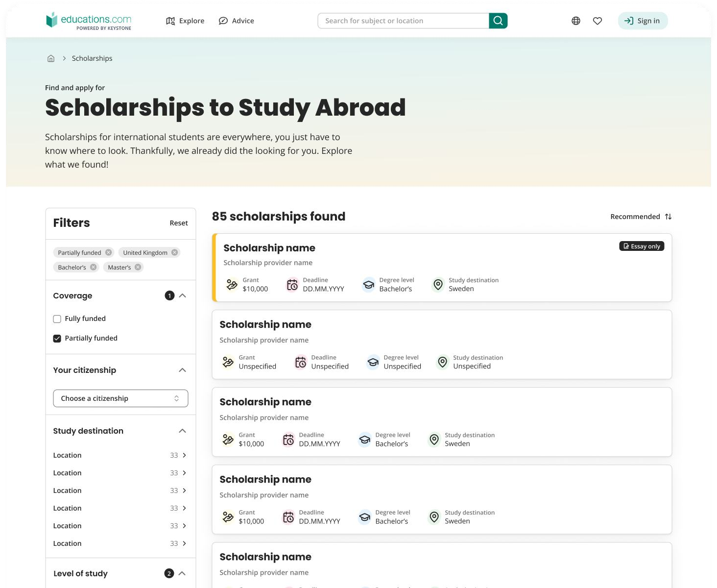Scholarship Directory with its search results and filters